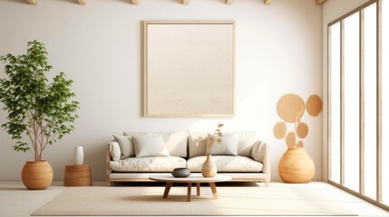Fototapeta na wymiar Stylish living room interior design with mock up poster frame, creative home accessories. Home staging. Copy space, Generative AI illustration