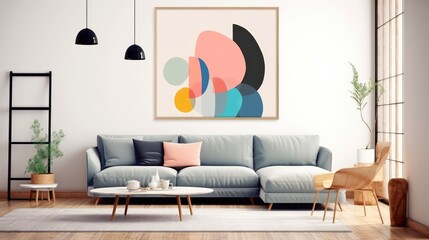 Stylish living room interior design with mock up poster frame, creative home accessories. Home staging. Copy space, Generative AI illustration