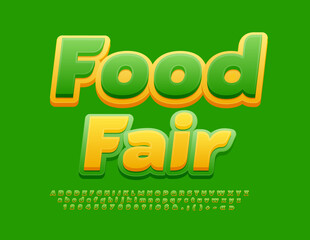 Vector creative Icon Food Fair. Yellow and Green bright Font. Modern set of Alphabet Letters and Numbers	