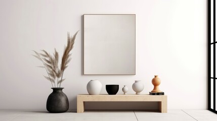 Stylish living room interior design with mock up poster frame, creative home accessories. Home staging. Copy space, Generative AI illustration