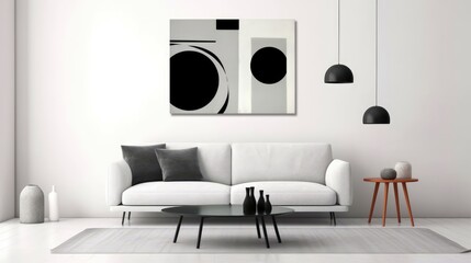 Stylish living room interior design with mock up poster frame, creative home accessories. Home staging. Copy space, Generative AI illustration