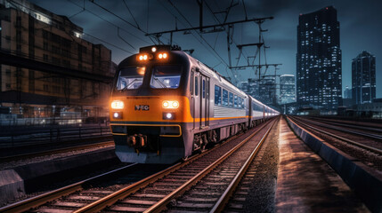 The train in the city nightscape