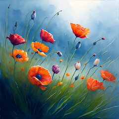 Obraz premium Meadow wild flowers watercolor paint. AI generated illustration