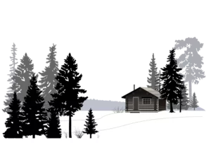 Fotobehang Winter forest landscape with wooden house, black and white style. Vector illustration. © Евгений Горячев