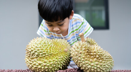 Adorable little Asian boy looked and tried to smell the durians with interest.