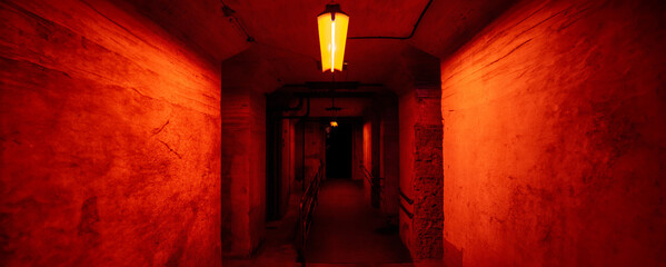 Granite and cement tunnel or bunker passages in the underground illuminated with dramatic red light...