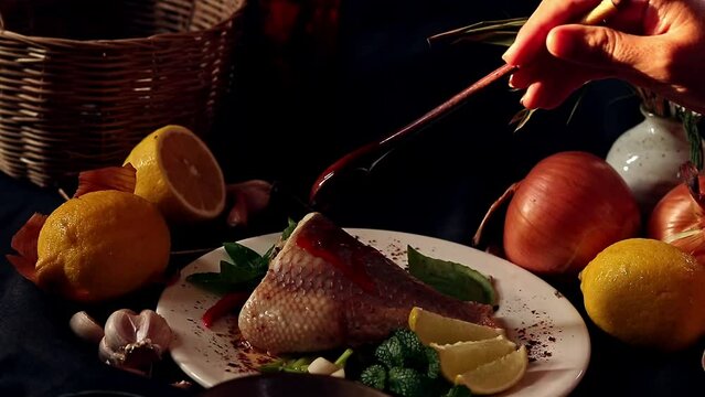 Hand adding chili oil to an authentic traditional khmer dish called Sngor chruak sach trei or khmer lime and fish Soup or Sgnor Trey