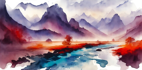 River flow in meadow watercolor lanscape. AI generated illustration