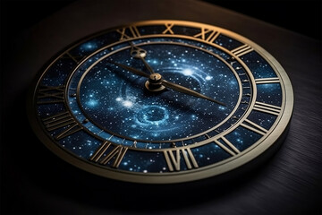 Visually striking image of a clock in space, symbolizing the concept of time in a cosmic context.