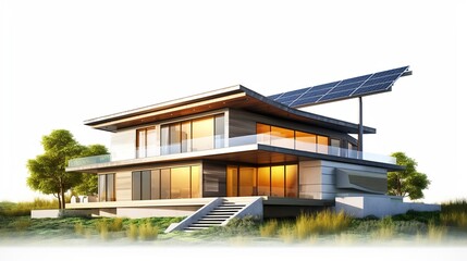 Fototapeta premium Сontemporary residence featuring solar panels against a isolated background. Generative Ai
