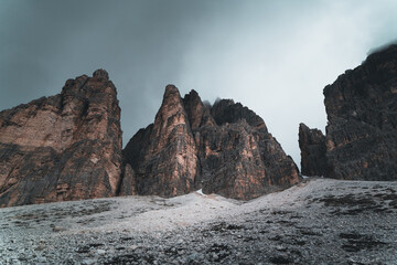 Rockformations in the Dolomites, Alps. Cloudy, moody feeling while hiking in the mountains