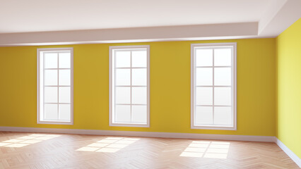 Sunny Interior of the Yellow Room with Three Large Windows, Light Glossy Herringbone Parquet Floor and a white Plinth. Beautiful Concept of the Empty Room. 3D illustration, Ultra HD 8K, 7680x4320