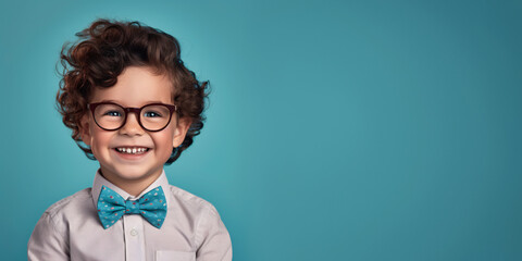 Happy little curly brunette boy with big eyeglasses. Isolated on solid blue background 