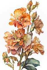watercolor hand drawn flowers,flowers and leaves,realistic warm-toned watercolor painting ,background