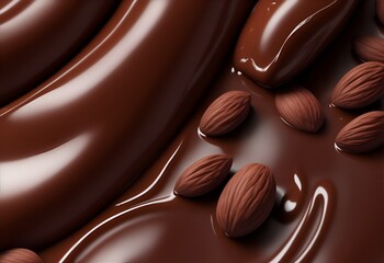 Product presentation of Chocolate covered nuts, melted dark chocolate with almonds background. Created with Generative AI.