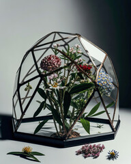 Decorative ornaments with flowers in a glass installation,rhomboid glass dome with botanical flowers ,still life with flowers