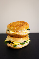 Tasty hamburger with tomatoes, cutlet, watercress and onions on a black slate. Space for text.