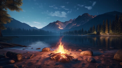 Glowing campfire by the lake. Sunset with open flames, fire, and logs. Camping on the beach at night. Serene lake landscape.
