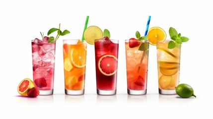 Fototapeta premium Summer set cocktails. Isolated on white background. Generative Ai