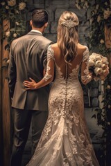 Back view of a happy bride and groom at their wedding party