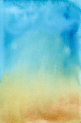 Turquoise blue and yellow gradient of water and sand of sea bottom watercolor background for vertical nautical marine designs, business card template