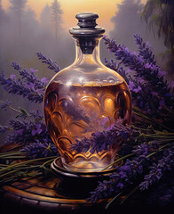 Obraz na płótnie Canvas Watercolor lavender field and bottles of essential oil.
