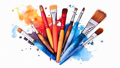 Brushes and watercolor on white background, ai generative