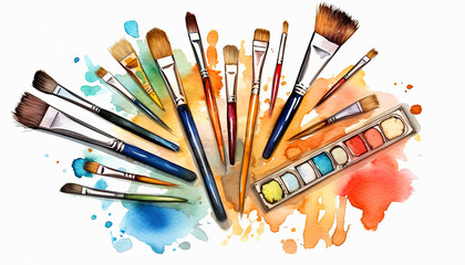 Brushes and watercolor on white background, ai generative