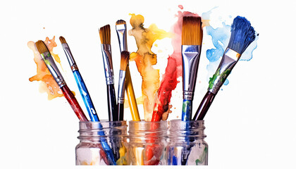 Obraz premium Brushes and watercolor on white background, ai generative