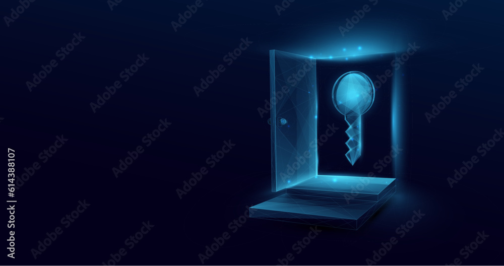 Poster open the door to the key to success. business concept. low polygon and wireframe. vector illustratio