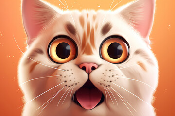 Funny surprised cat, portrait of a cute fluffy white shocked pet. Animal illustration