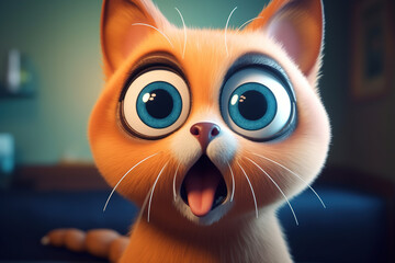 Funny red surprised kitten with open mouth and big eyes looking at camera. Portrait of shocked pet cat with an emotional expression. Animal illustration