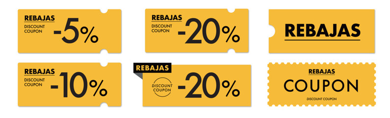 スペインのセールに使えるシンプルな黄色のクーポンベクターアイコンセット