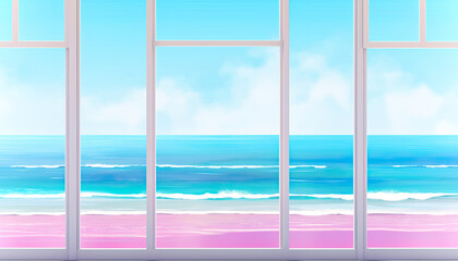 view of the sea from window,view from the window,window with a sky,window with sky and white clouds