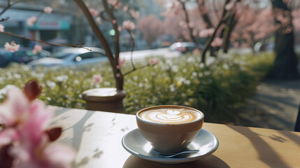 cup of coffee on the terrace,Seoul Coffee Shop Capuchino coffee of cup cozy spring nature,coffee in the morning,Spring blossoms on the street and coffee on the terrace