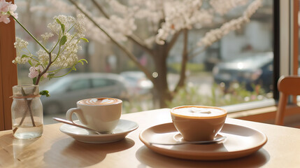 Fototapeta premium cup of coffee on the terrace,Seoul Coffee Shop Capuchino coffee of cup cozy spring nature,coffee in the morning,Spring blossoms on the street and coffee on the terrace