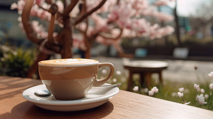 Fototapeta premium cup of coffee on the terrace,Seoul Coffee Shop Capuchino coffee of cup cozy spring nature,coffee in the morning,Spring blossoms on the street and coffee on the terrace