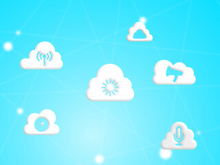 Communication Cloud signal loading and location, microphone, transmitter, cloundy with megaphone on technology background. Illustration 3D for content online network, cloud sever multimedia, icon app