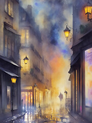Watercolor Paris street lanscape. AI generated illustration