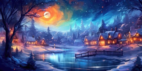 Merry christmas! Winter landscape with village and lake. xmas banner. , created with generative ai