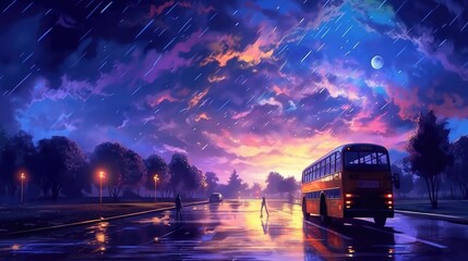 School bus in the rain on the road at night. Back to school banner, , created with generative ai