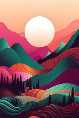 Abstract vector style landscape, mountains and moon illustration.