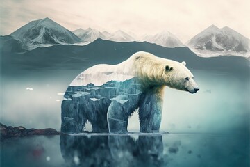 image shown by polar bear suffer due to melting ice caused by the impact of climate change on double exposure of global warming turning arctic hotter in background. Superb Generative AI.