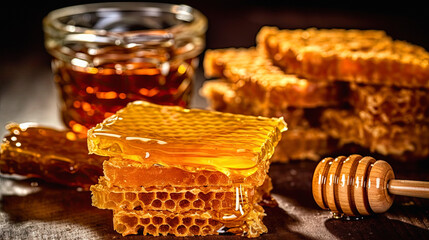honeycomb from which the honey flows and drips, behind are glass jars with honey, AI GENERATIVE