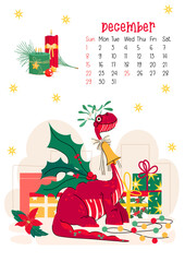 Vertical page calendar for December 2024 with Christmas mistletoe dragon. The symbol of the year of dragon. Week starts on Sunday. Vector illustration flat cartoon style