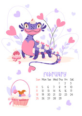 Vertical page calendar for February 2024 with cute romance dragon. The symbol of the year of dragon. Week starts on Sunday. Vector illustration flat cartoon style