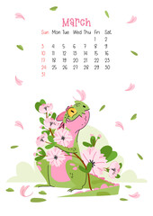 Vertical page calendar for march 2024 with sakura dragon. The symbol of the year of dragon. Week starts on Sunday. Vector illustration flat cartoon style