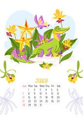 Vertical page calendar for July 2024 with orchid green dragon. The symbol of the year of dragon. Week starts on Sunday. Vector illustration flat cartoon style