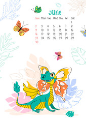 Vertical page calendar for June 2024 with daisy butterfly dragon. The symbol of the year of dragon. Week starts on Sunday. Vector illustration flat cartoon style