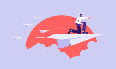 New startup, growth and progress vector concept, businessman flying with paper plane